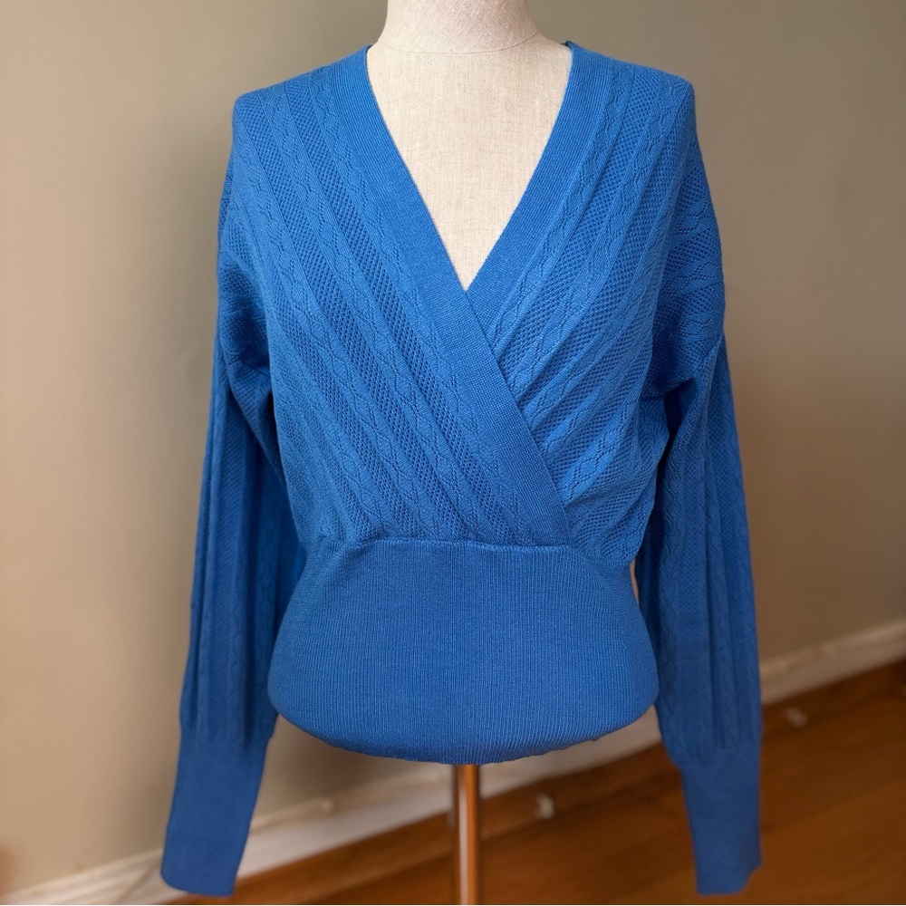 Pink Rose Vibrant Blue V-Neck Knit Sweater S NWT Wrap Glam Chic Trendy Feminine